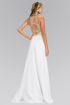 Jewel and Bead Embellished Long Dress with Back Cut Out